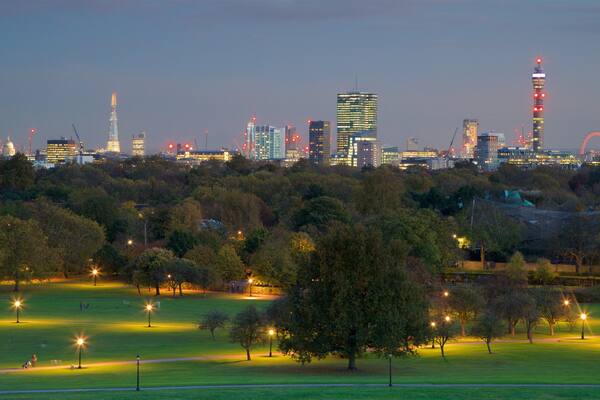 Primrose Hill mostrando giardino, vista del paesaggio e paesaggio notturno