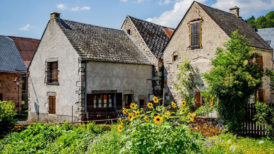 A stone building with a sloped roof, surrounded by lush greenery and blooming sunflowers.