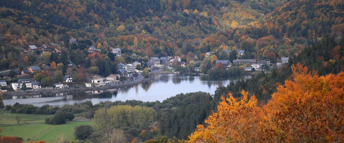 A town by a lake surrounded by autumn-colored trees and a castle on a hill.