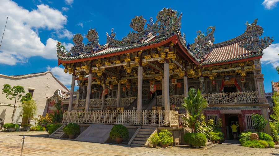 Exterior view of Leong San Tong Khoo Kongsi clanhouse against blue sky in Penang, Malaysia