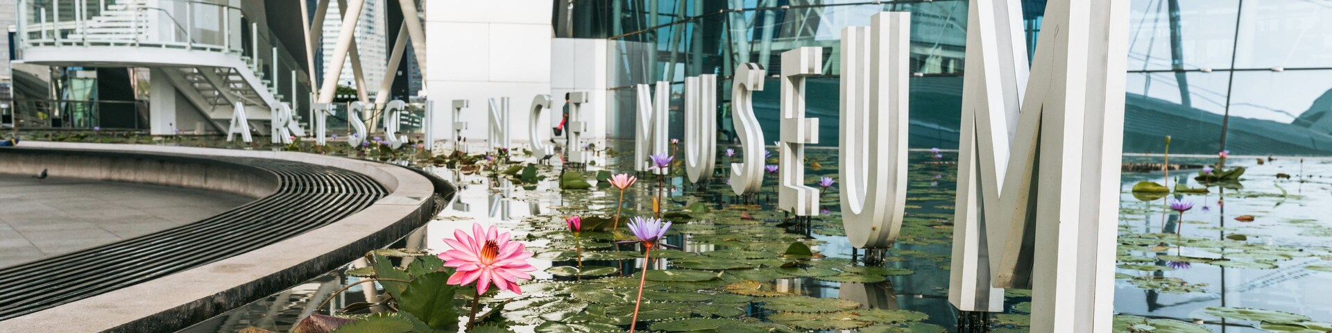 ArtScience Museum which includes a pond, signage and wildflowers