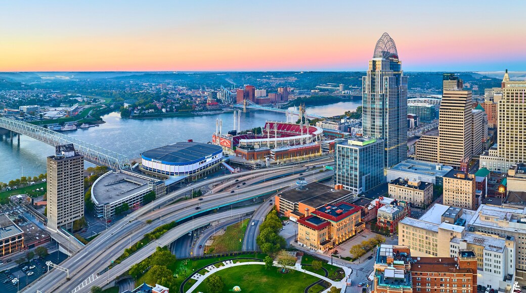 Aerial Cincinnati Skyline Great American Tower at Golden Hour