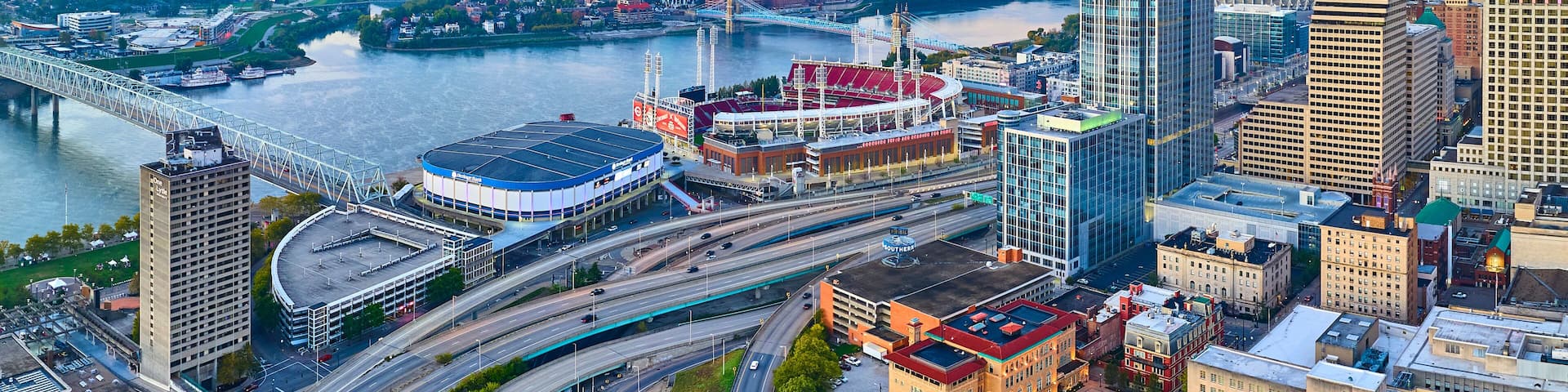 Aerial Cincinnati Skyline Great American Tower at Golden Hour