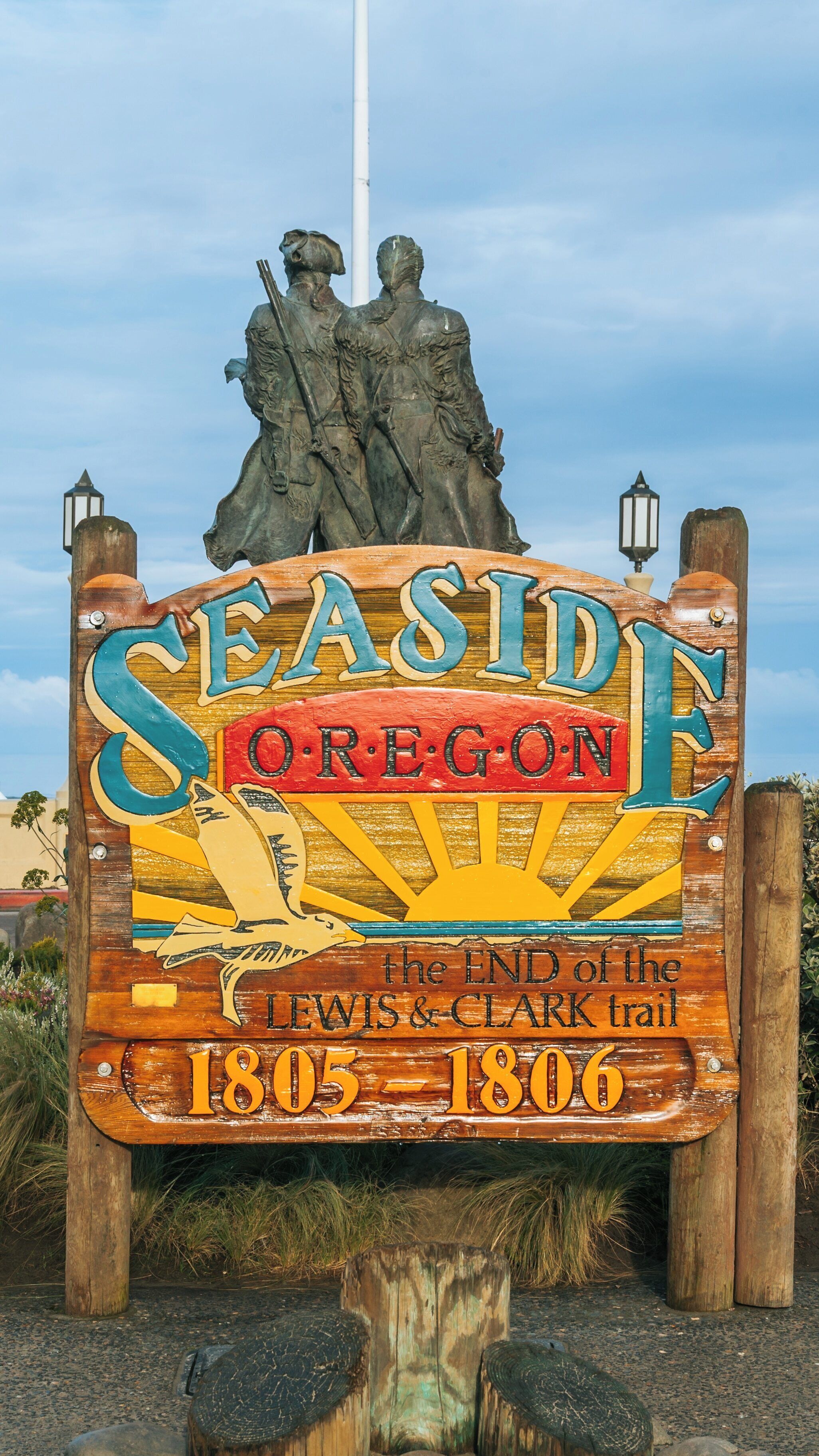 Historic Turnaround marker in Seaside, Oregon celebrates the end of the Lewis and Clark trail with a vibrant display of art and history