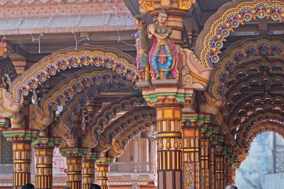 Ornate temple architecture with intricate carvings and colorful decorations.