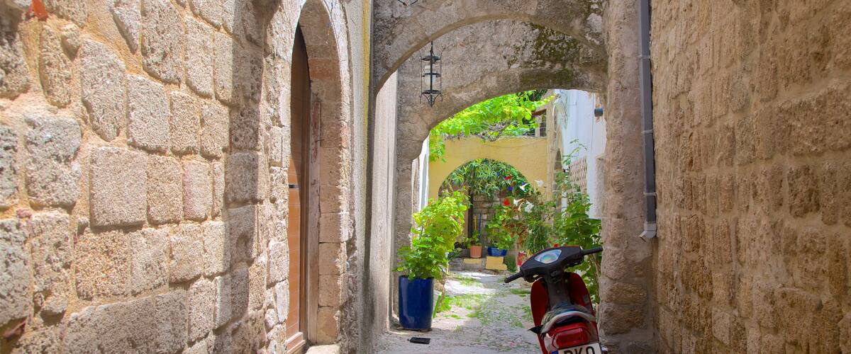 Rhodes which includes street scenes and heritage architecture