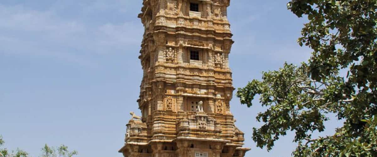 The Vijay Stambha (Tower of Victory), is a huge nine storey tower in the Chittorgarh Fort in Rajasthan, India.
The tower is 37m high and you can climb it. The steps are very steep and narrow but the view is breathtaking.
There are sculptures and carvings on the exterior as well as the inside walls of the tower.