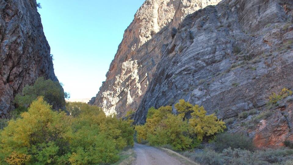 A narrow dirt road flanked by rocky cliffs and sparse vegetation.