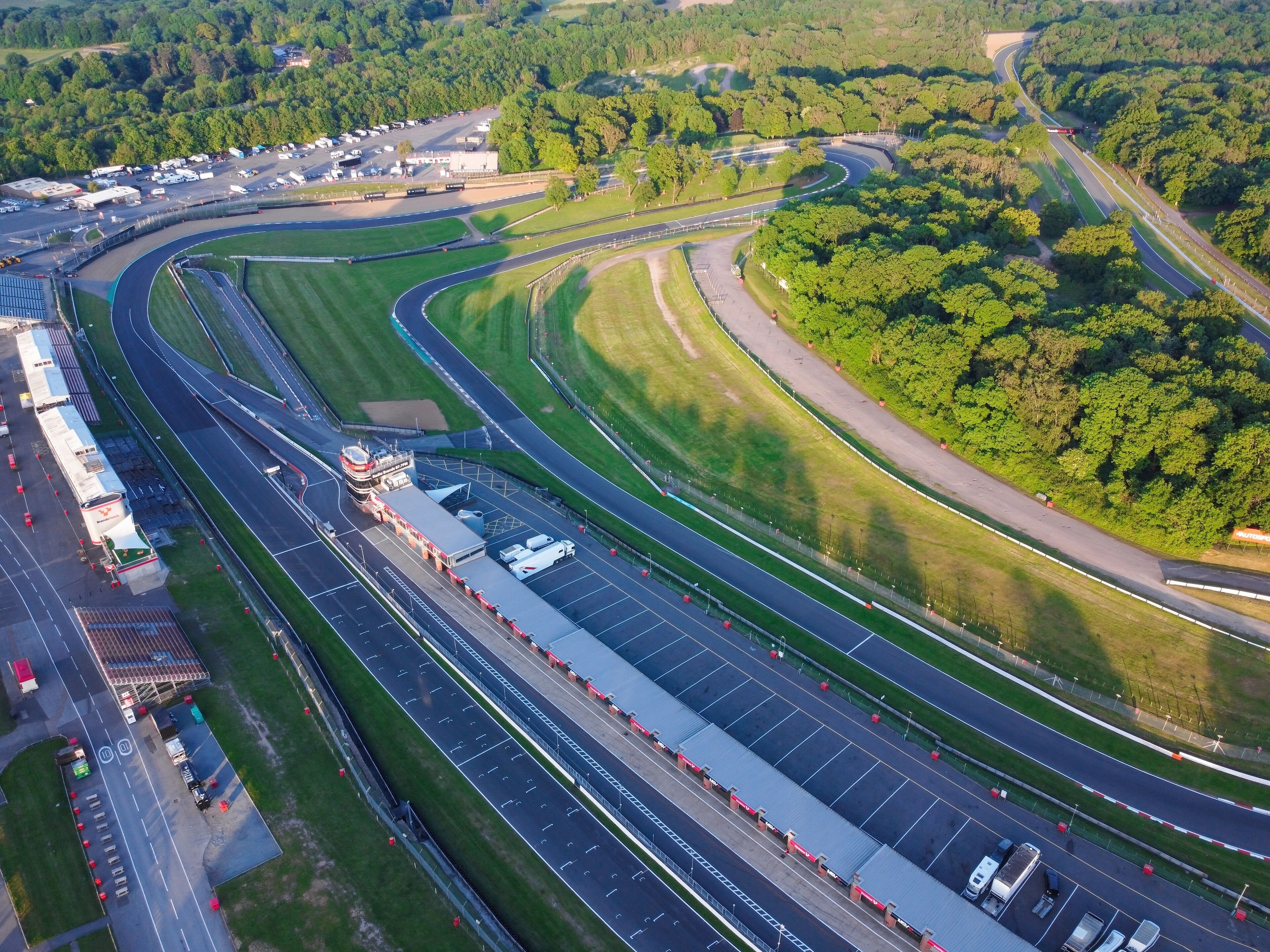 Aerial drone. Brands hatch circuit in Kent from above on a sunny day.