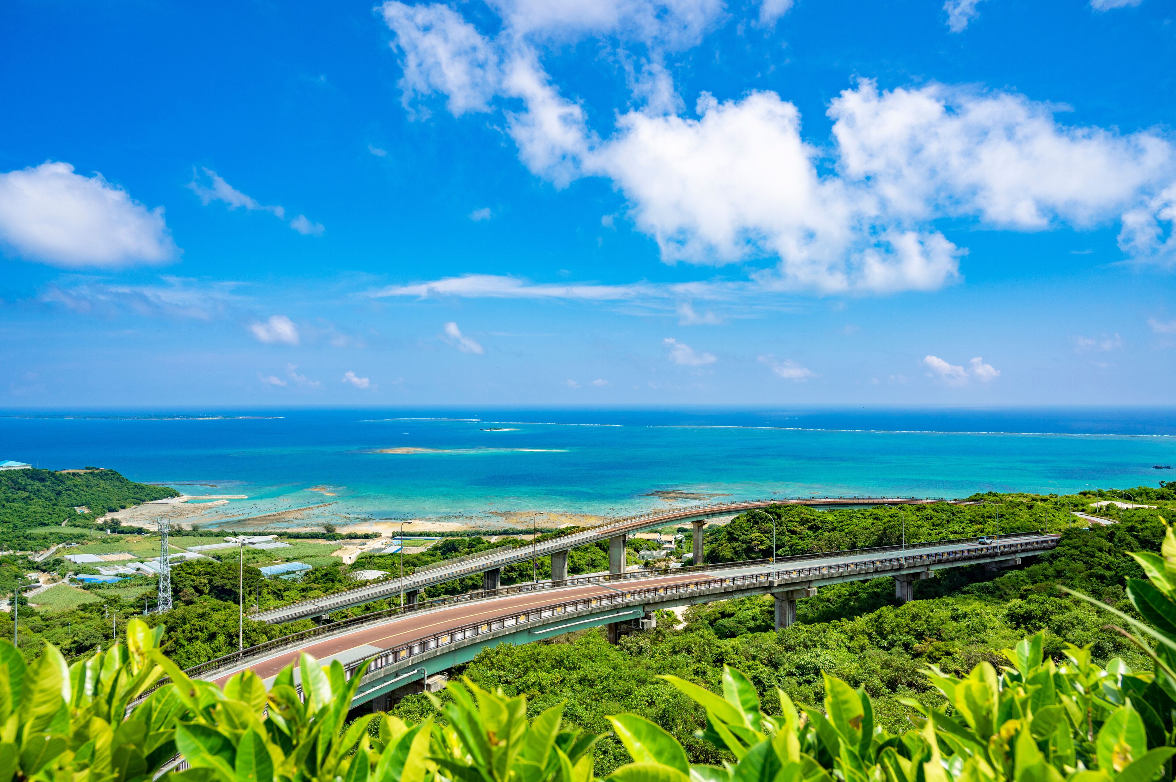 A coastal highway with a bridge over the water, surrounded by greenery and clear skies.