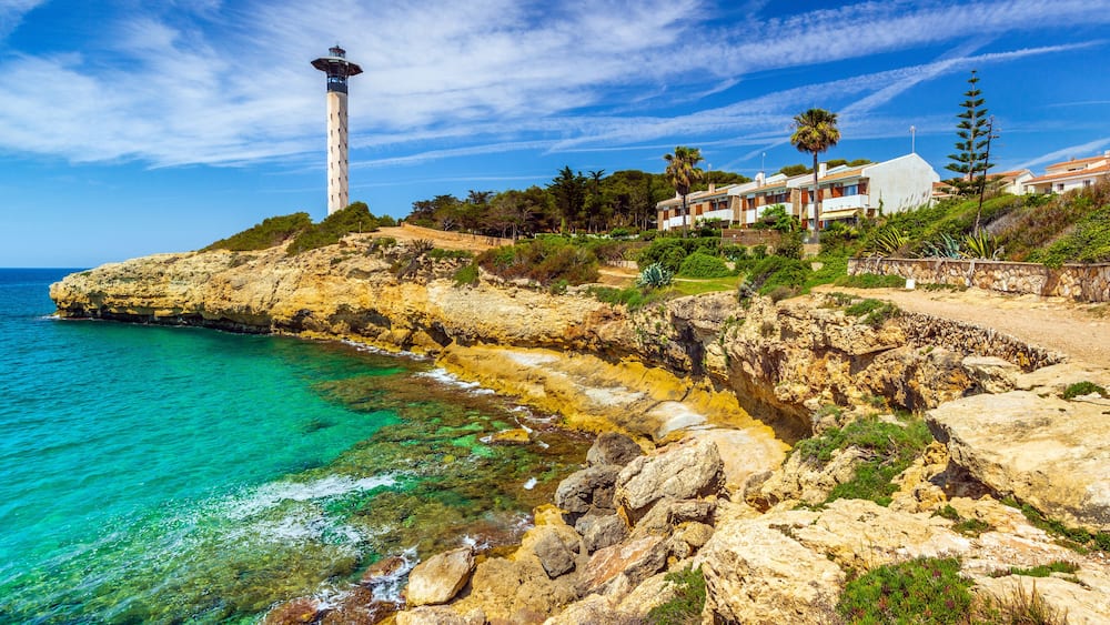 Lighthouse and cliffs in Torredembarra, Costa Dorada, Catalonia, Spain.