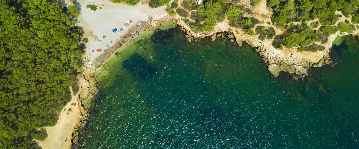 An aerial view of a coastal area with a sandy beach, dense green forest, and a rocky coastline.