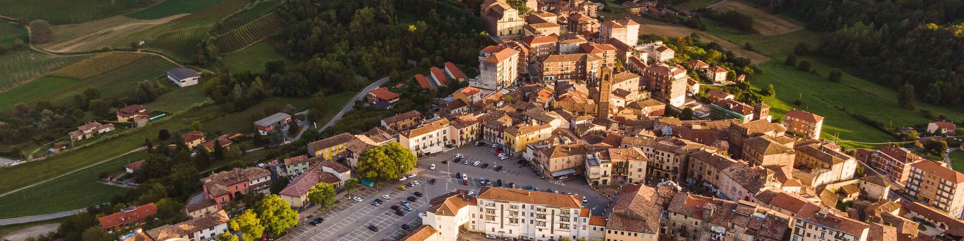 Drone aerial view of Moncalvo Monferrato, unesco world heritage