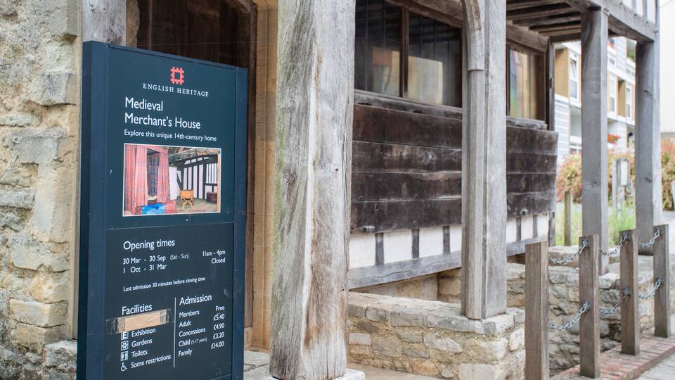 Medieval Merchant\'s House showing heritage elements and signage