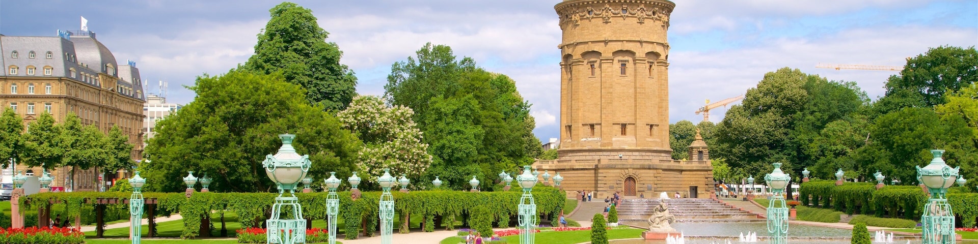 Mannheim Water Tower which includes a park, a fountain and heritage architecture