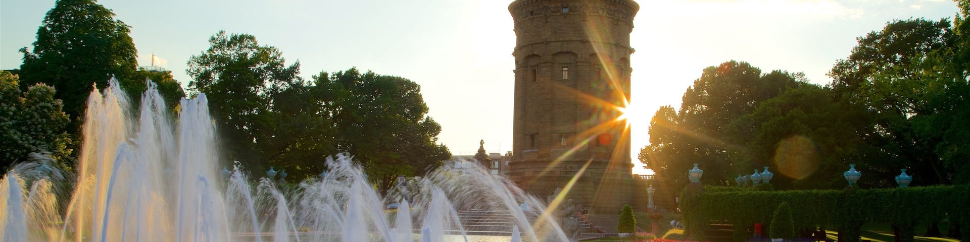 Mannheim Water Tower featuring a sunset, a park and a fountain