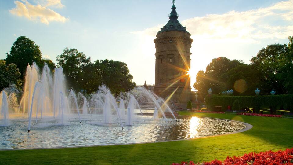 Mannheim Water Tower which includes flowers, a fountain and a sunset