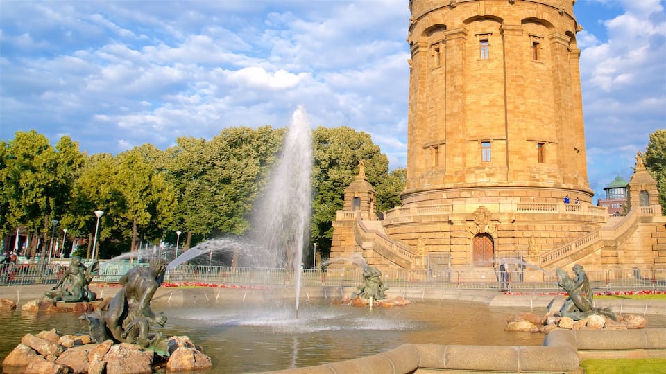 Mannheim Water Tower which includes a park, a fountain and heritage architecture
