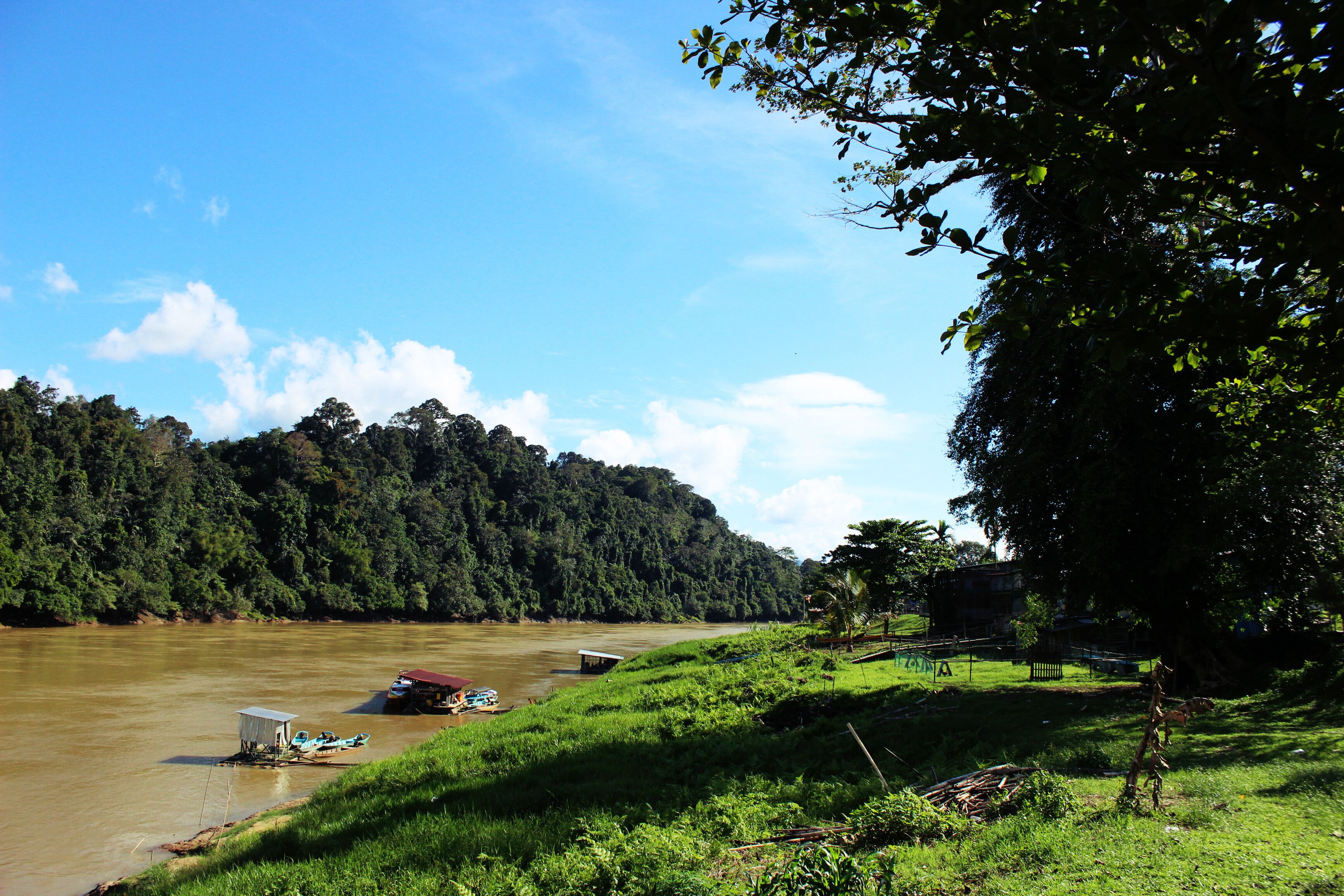 A river with boats, a grassy bank, and a forested hill.