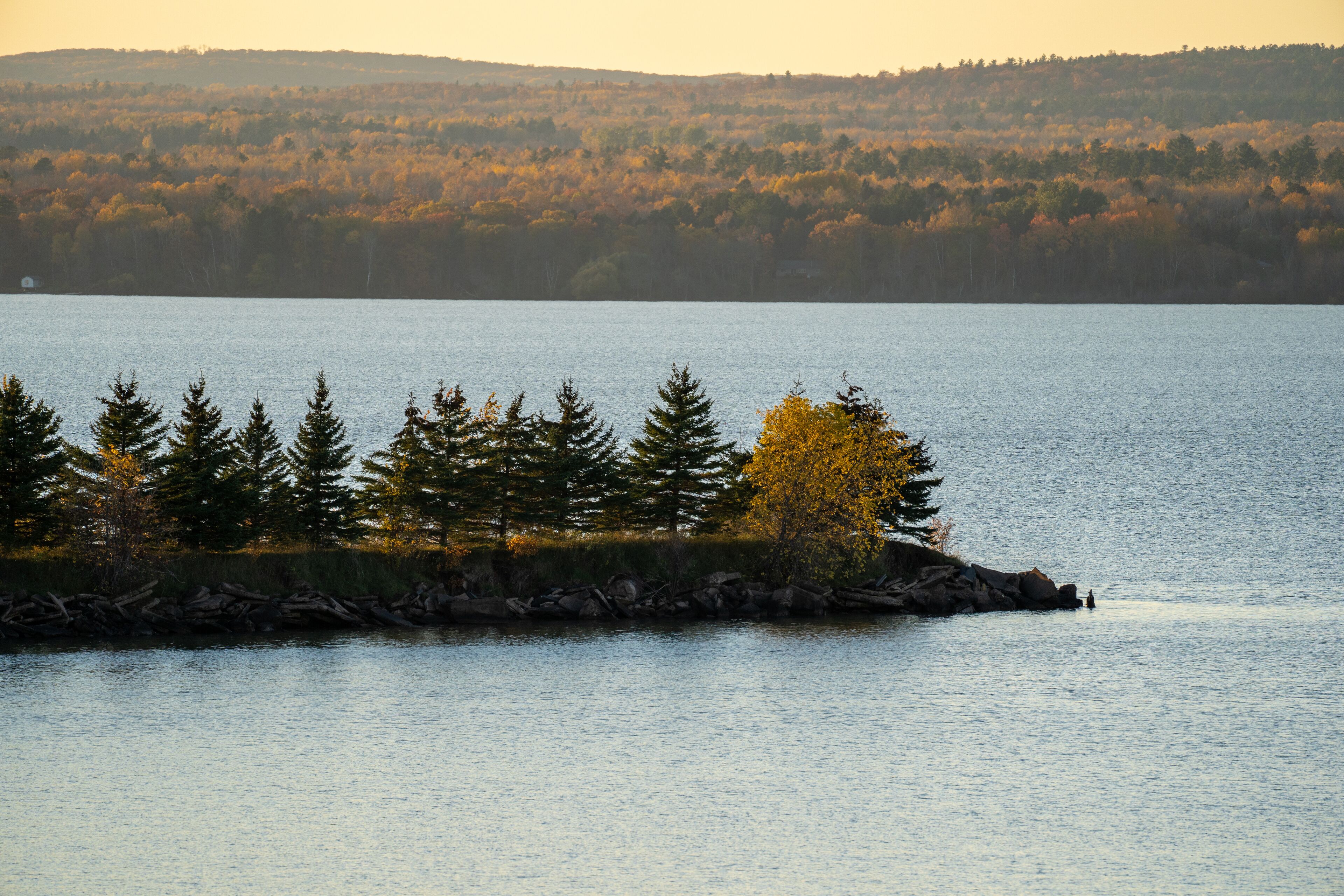 Trees growing on a sand bar in Lake Superior in Ashland Wisconsin. Taken at sunset in the fall