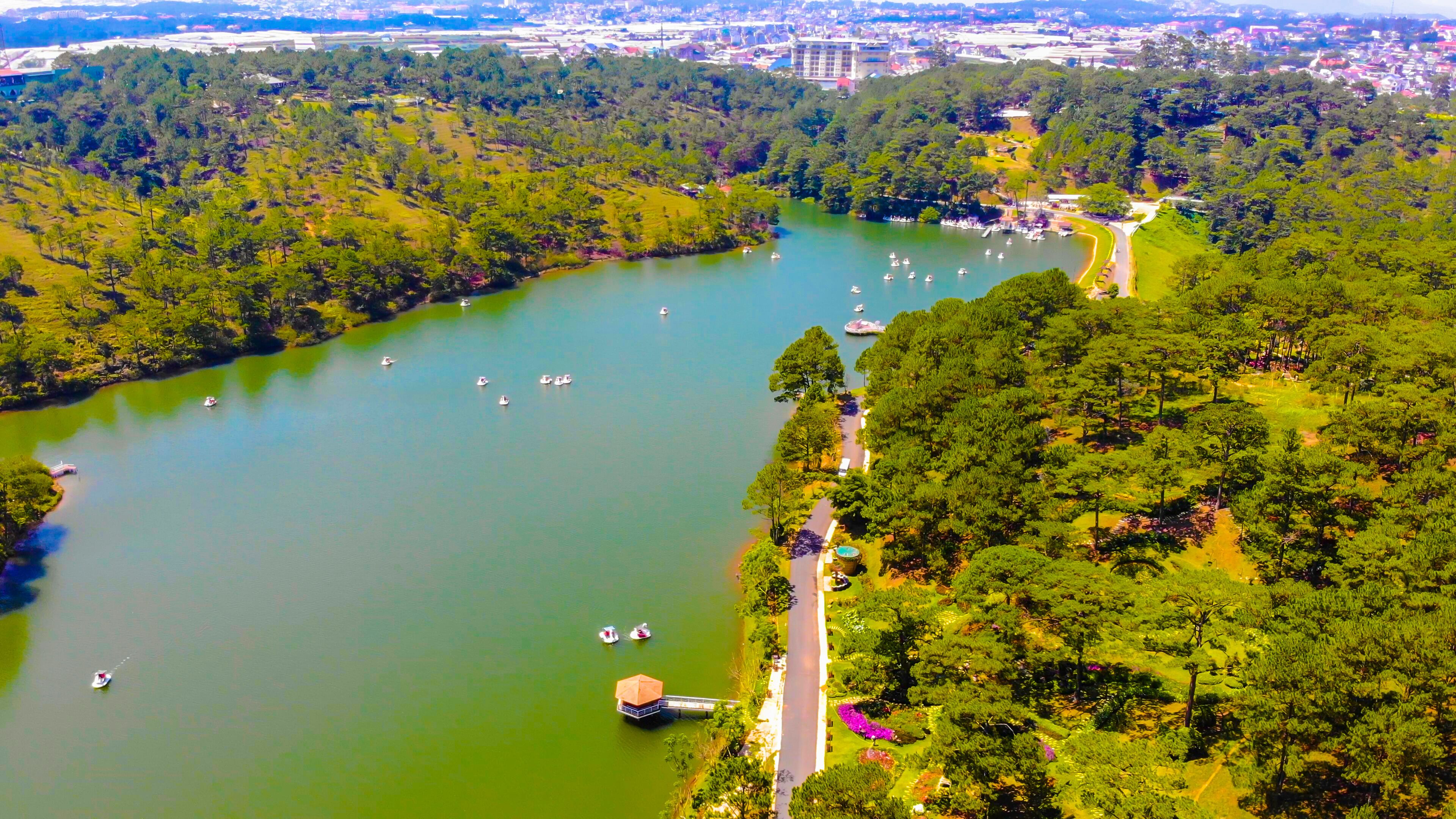 Aerial view of Love Valley park in Dalat, Vietnam is one of the most romantic sites of Da Lat city, with many deep valleys and endless pine forests