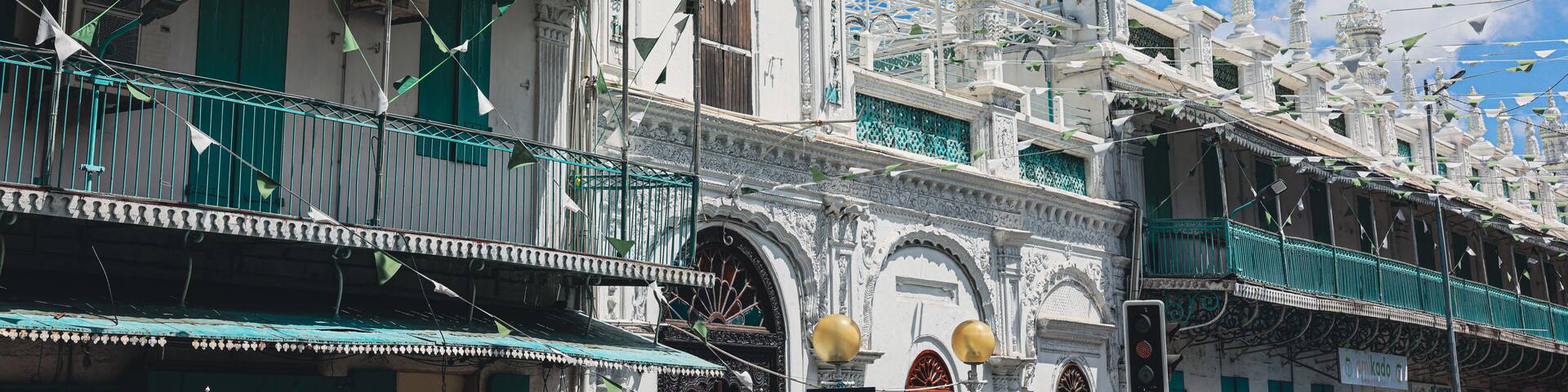 White Mosque Building With Green Trim in Port Louis City, Mauritius