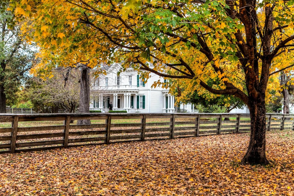 A large white house with green shutters, surrounded by a wooden fence and a tree with yellow leaves.