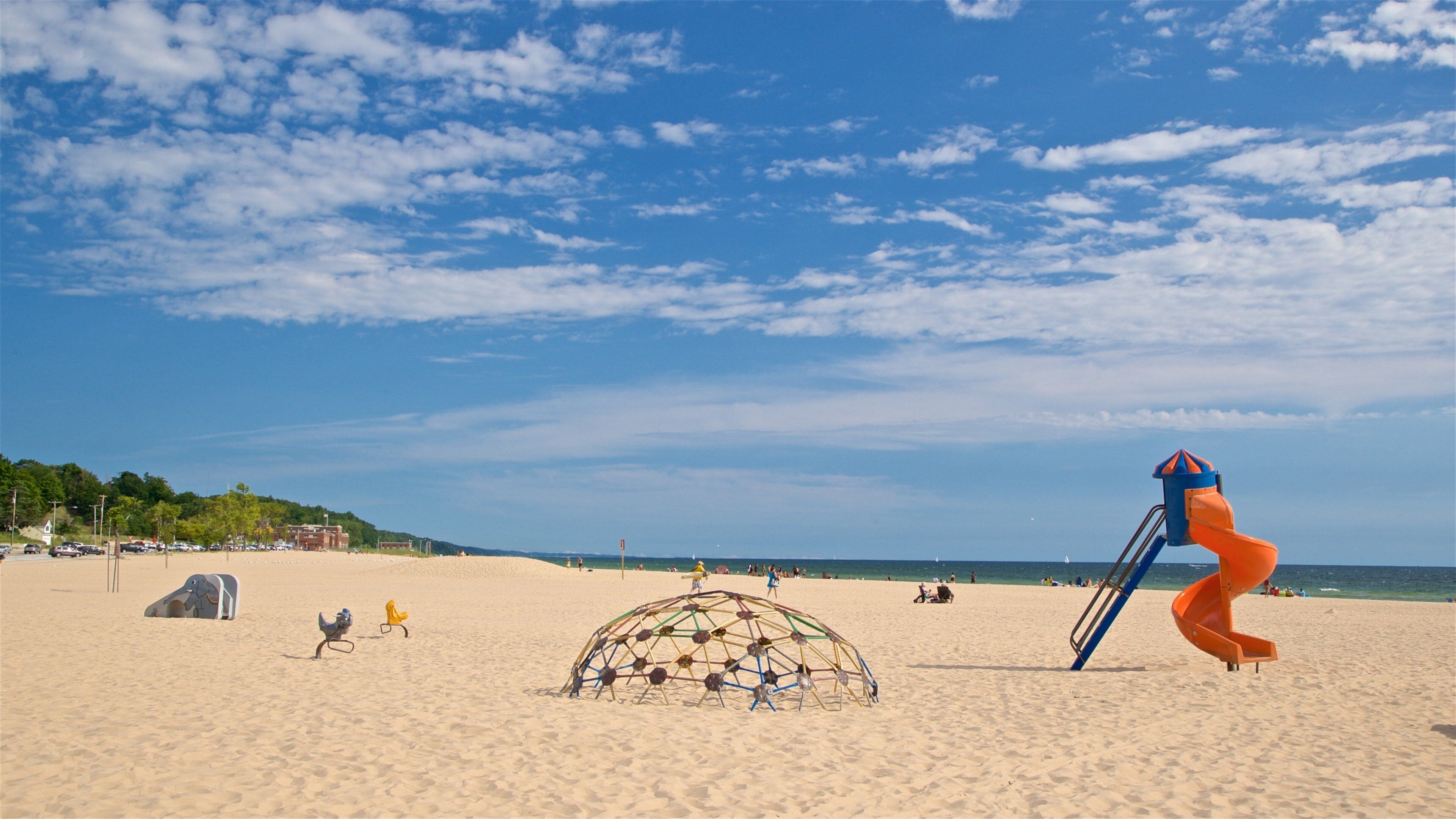 Pere Marquette Park Beach featuring a playground, general coastal views and a sandy beach