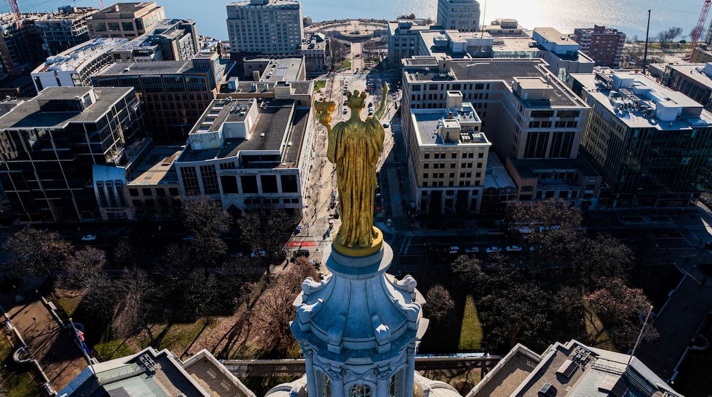 A cityscape with a prominent golden statue atop a classical building.
