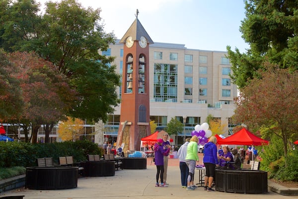Esther Short Park welches beinhaltet Park sowie kleine Menschengruppe