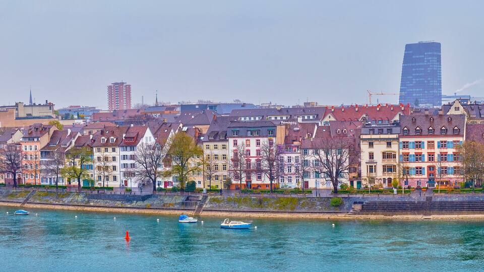 Panorama of Kleinbasel district of Basel and the riverbank of Rhine River, Switzerland