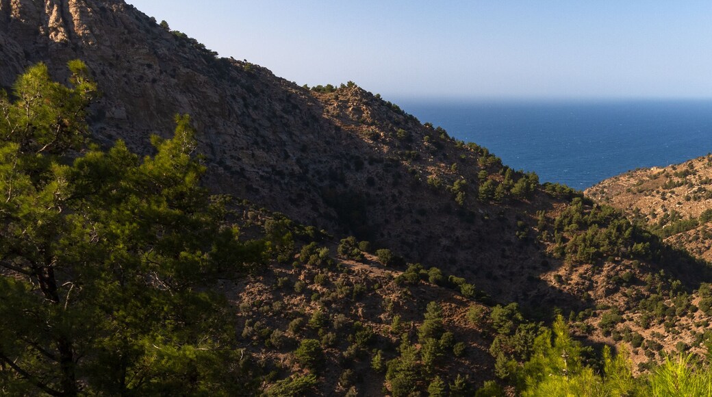 Halari gorge with wooded mountains, canyon and fantastic view to the Nas bay and Aegean sea