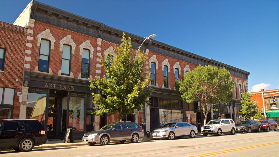 A street with a row of parked cars, a brick building with a sign that reads "ARTISAN'S FINE JEWELRY," and trees lining the sidewalk.