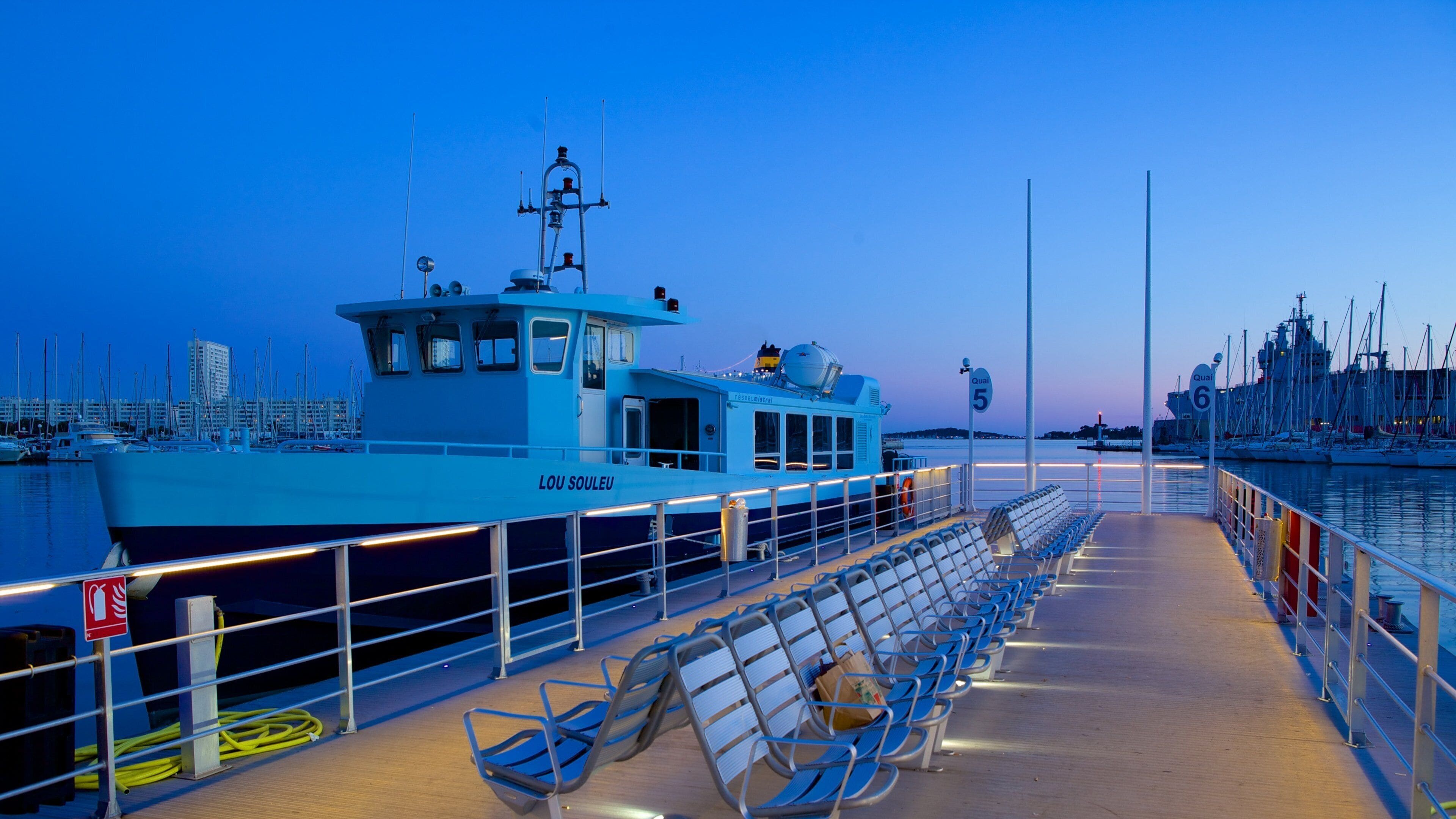 Port of Toulon which includes boating, night scenes and a marina