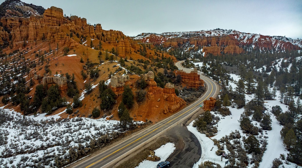 MARCH 11, HIGHWAY 12, RED CLIFF, UTAH - All American Scenic road Highway 12 through snowy mountains and red rock leading to Bryce National Park