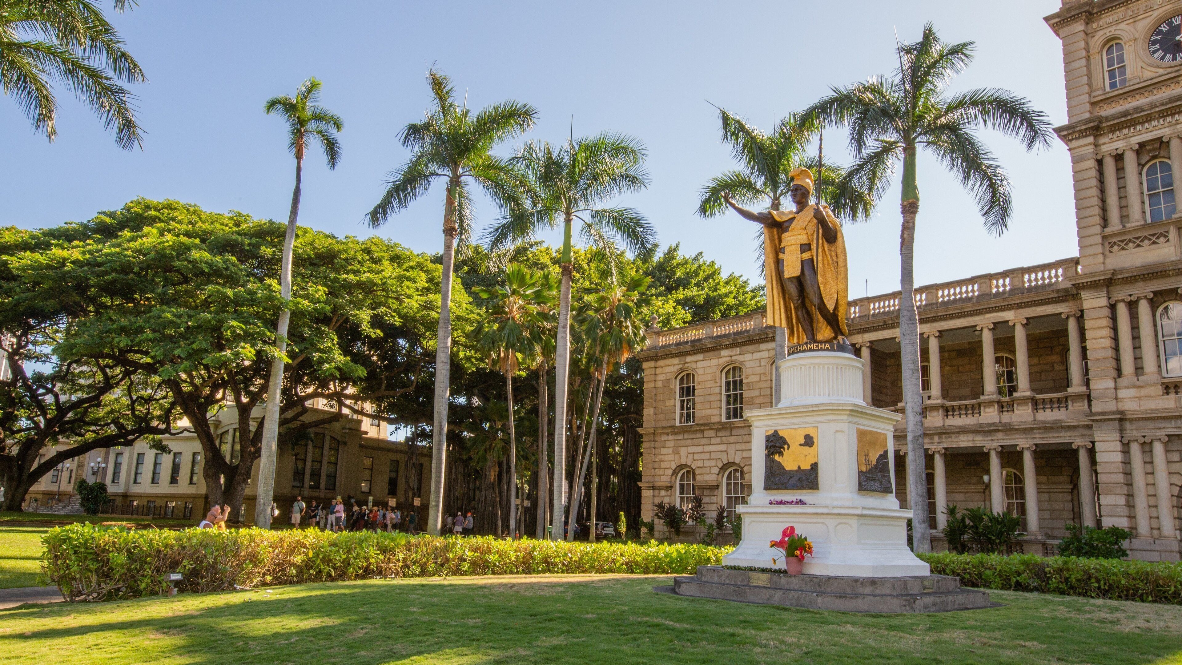 King Kamehameha Statue showing a statue or sculpture and a park