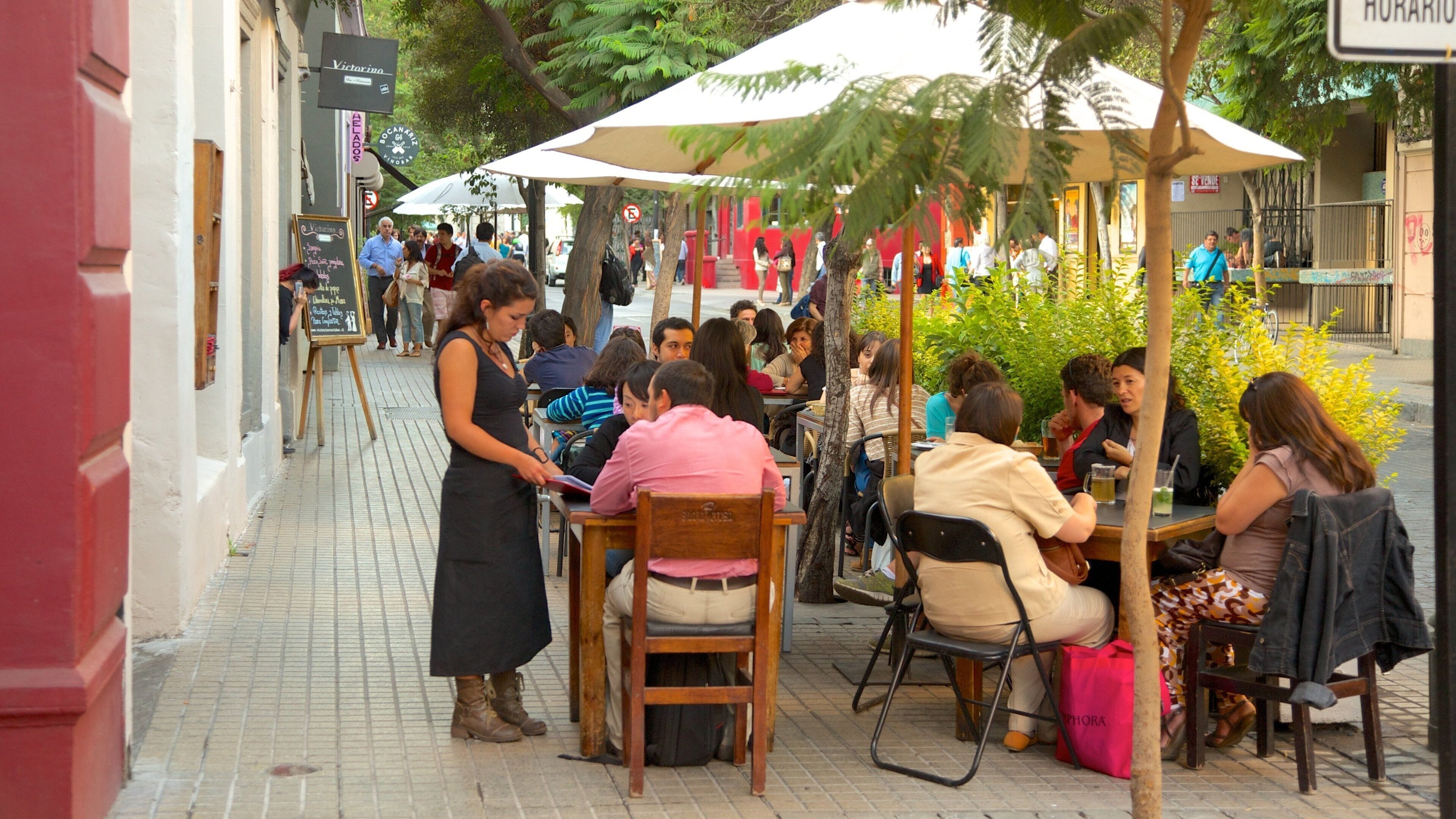 Lastarria featuring outdoor eating, street scenes and cafe scenes