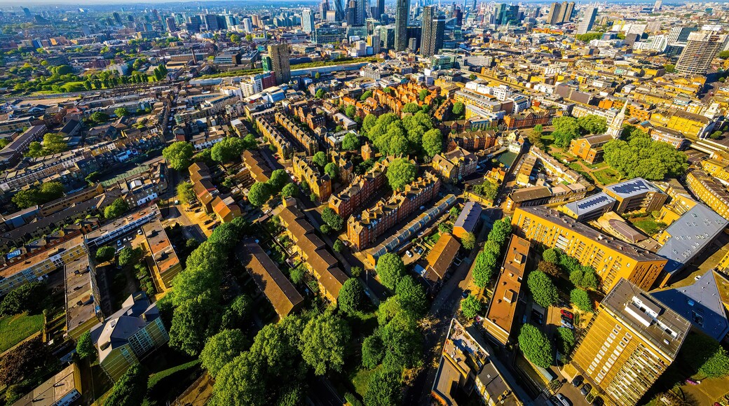 The aerial view of Shoreditch, an arty area adjacent to the equally hip neighborhood of Hoxton in London