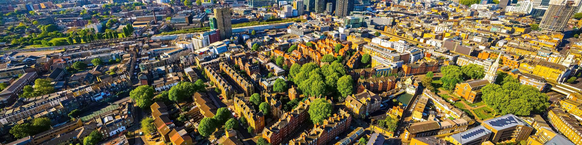 The aerial view of Shoreditch, an arty area adjacent to the equally hip neighborhood of Hoxton in London