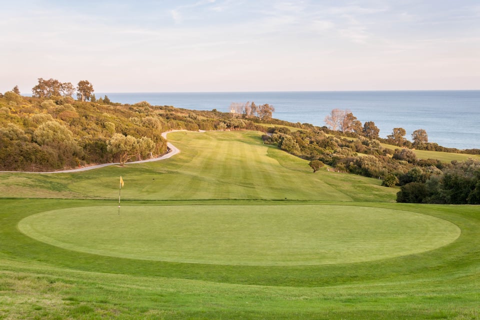 A golf course with a flagstick, surrounded by trees and hills, overlooking the sea.
