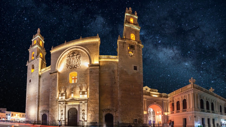 A historic building with two towers, ornate arches, and a starry night sky.