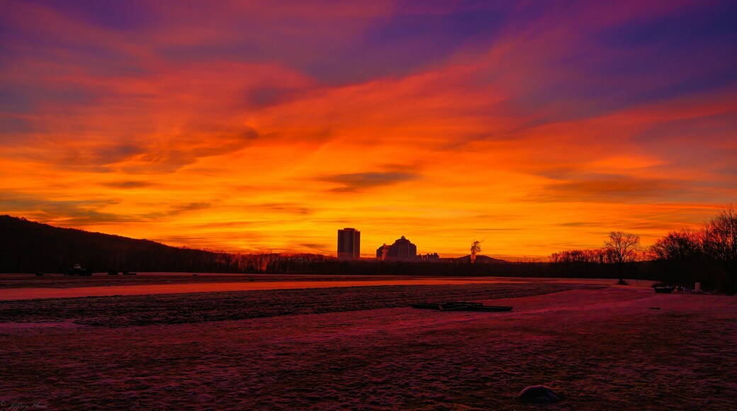 Beautiful sunrise with Foxwoods Resort Casino in the background. United States.