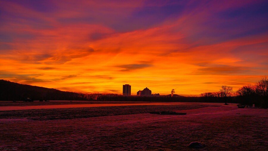 Beautiful sunrise with Foxwoods Resort Casino in the background. United States.
