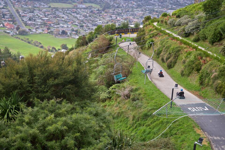 A cable car system, lush greenery, and a distant town.
