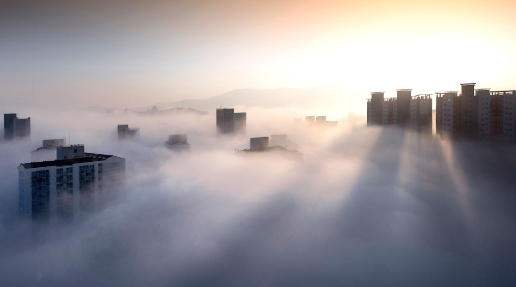 A cityscape with buildings partially obscured by fog, with sunlight filtering through.