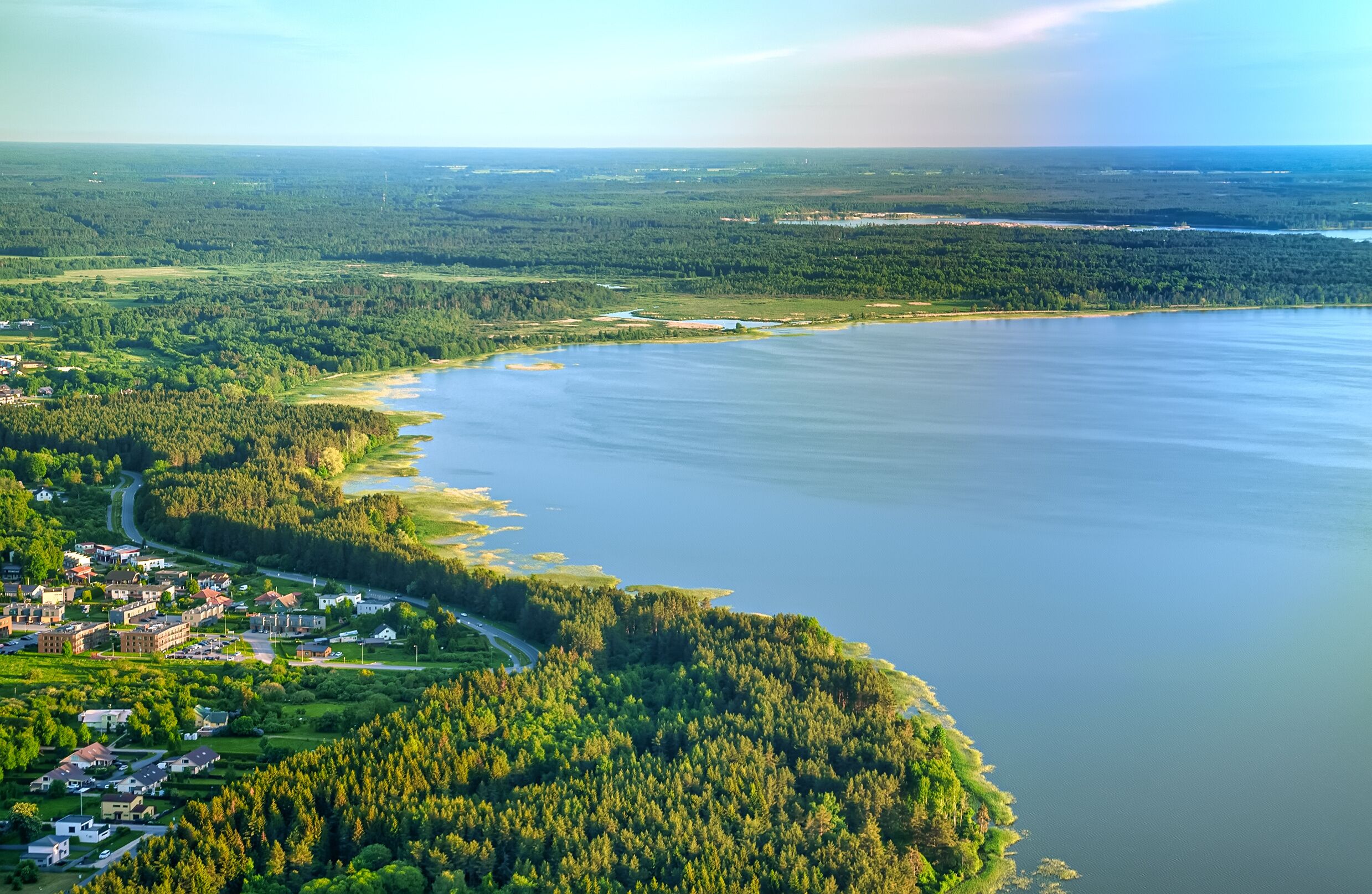 A coastal town with a river, dense forests, and a large body of water.