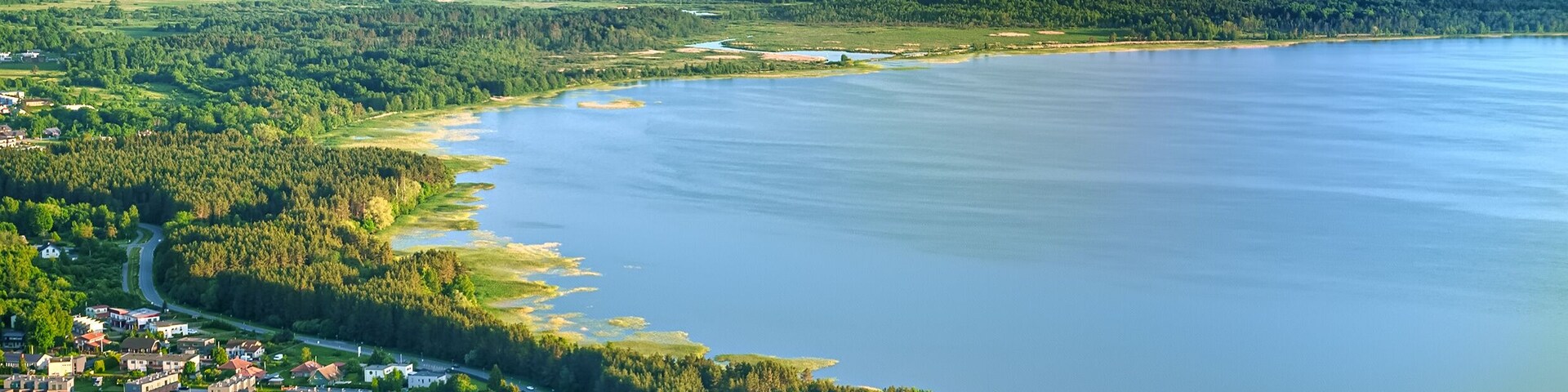 A coastal town with a river, dense forests, and a large body of water.