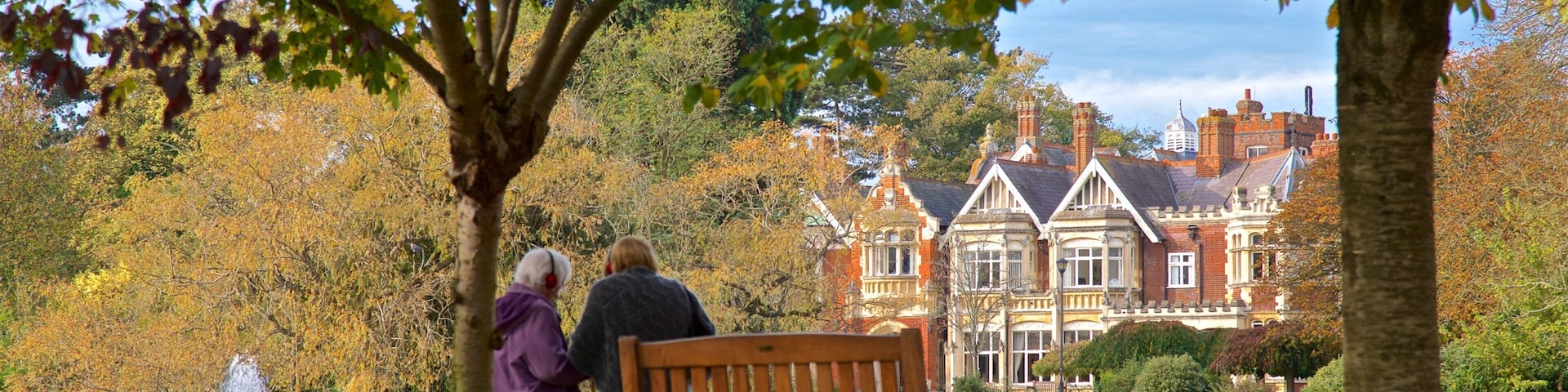 Bletchley Park ofreciendo un parque y un estanque y también una pareja