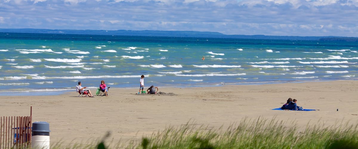 A beach with people relaxing and playing in the sand, waves crashing onto the shore, and a clear sky.