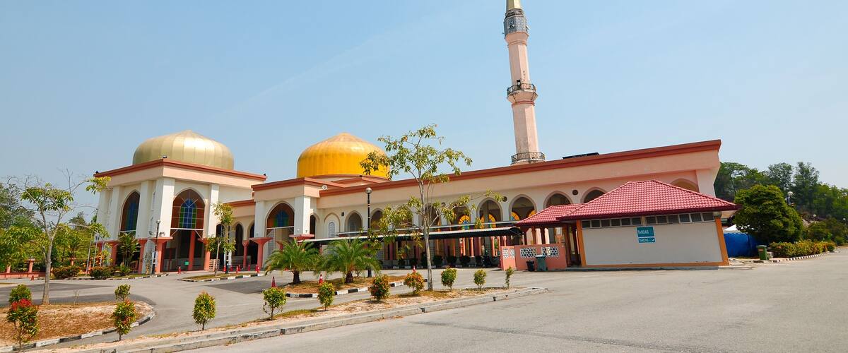 A mosque with a tall minaret and two golden domes.